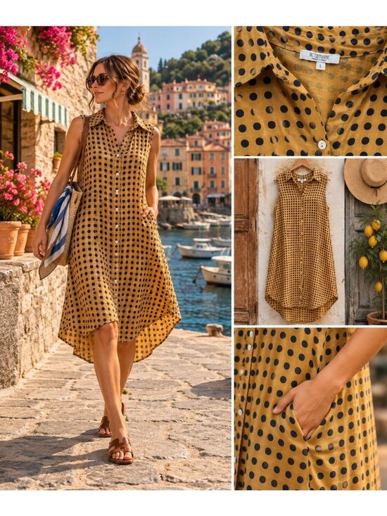 Rosemarie Dresses & Skirts - Polka Dot Sleeveless Button-Down High-Low Dress Mustard Yellow Navy Pockets